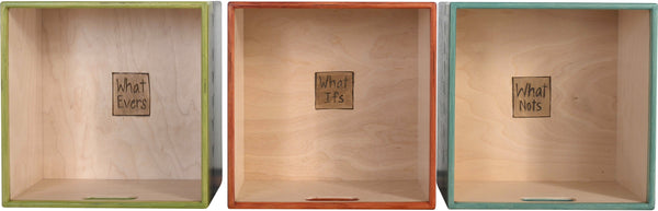 Storage Bench with Boxes –  "Cherish Family/Treasure Friends" storage bench with boxes with sun and moon over the mountains motif