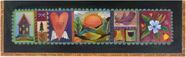 Storage Bench with Boxes –  "Cherish Family/Treasure Friends" storage bench with boxes with sun and moon over the mountains motif