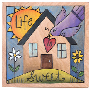 Sticks handmade wall plaque with "Life is Sweet" quote, bird with heart and a sunny home
