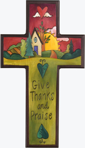 Cross Plaque –  Give Thanks and Praise cross plaque with home and sunset on the horizon motif