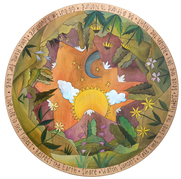 Sticks Handmade 28"D lazy susan with mountain landscape and wild flowers