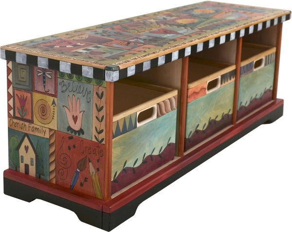 Storage Bench with Boxes –  Elegant storage bench with colorful block icons and symbols