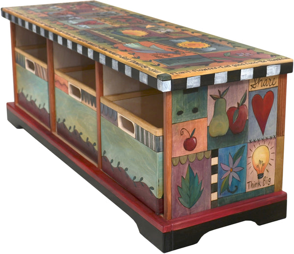 Storage Bench with Boxes –  Elegant storage bench with colorful block icons and symbols
