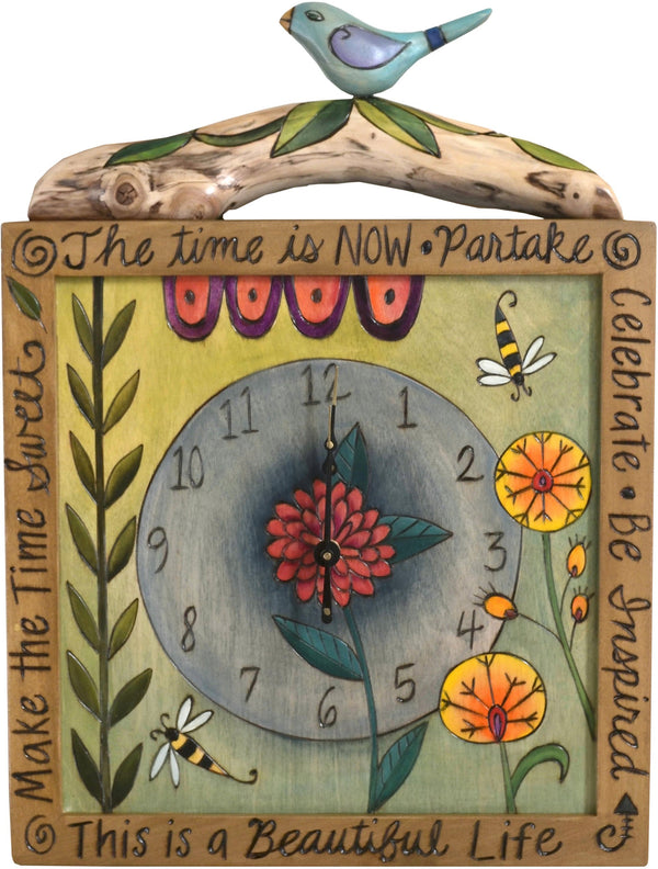Square Wall Clock –  "The Time is Now" wall clock with contemporary floral and bird motif