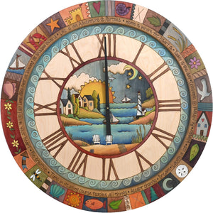 Sticks handmade 36"D wall clock with coastal themes and colorful life icons