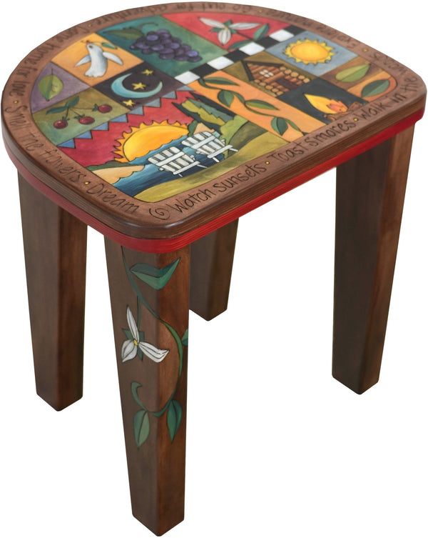 Short Stool –  "Watch Sunsets" stool with two chairs facing a warm sun setting over the water motif