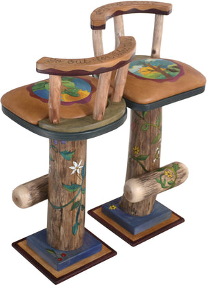 Swiveling Stool Set with Backs and Leather Seats –  Unique and eclectic folk art stools with beautifully hand painted four seasons motifs 