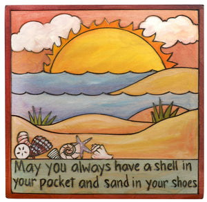 Sticks handmade wall plaque with "May you always have a shell in your pocket and sand in your shoes" quote and beach landscape