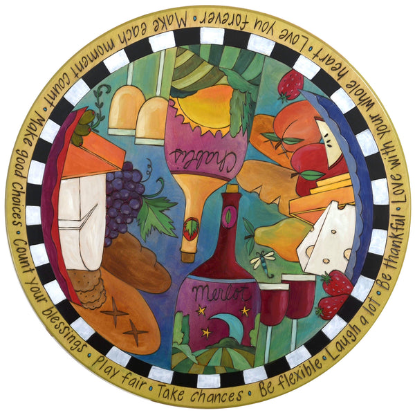 Sticks Handmade 24"D lazy susan with wine and cheese motif