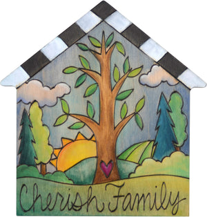 House Shaped Plaque –  "Cherish Family" house shaped plaque with tree of life in the center