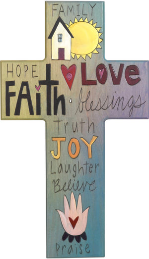 Cross Plaque – Family/Love/Joy cross plaque with blue themed words and home motif