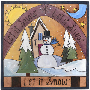 Sticks handmade wall plaque with "Let it Snow" quote and snowy winter landscape imagery