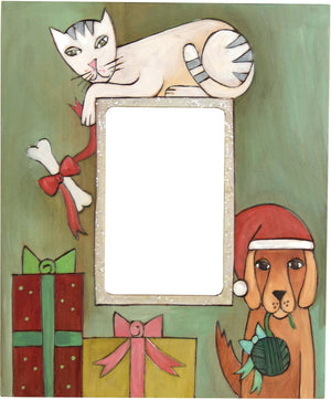 Sticks handmade picture frame with dog and cat holiday theme