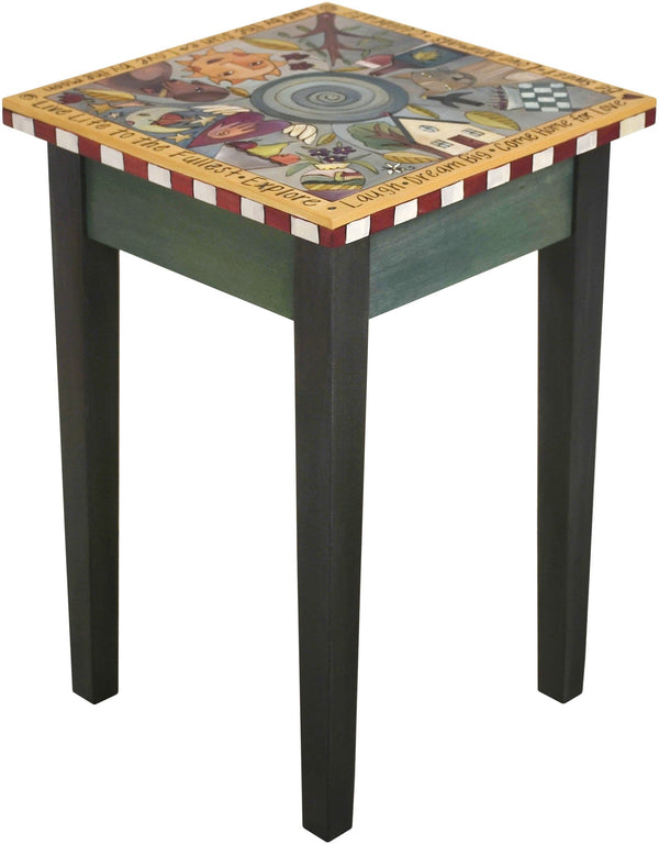 Small Square End Table –  Handsome end table with floating symbolic icons