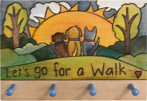 Horizontal Key Ring Plaque –  "Let's go for a Walk," sunrise landscape plaque with three dogs and four pegs for keys