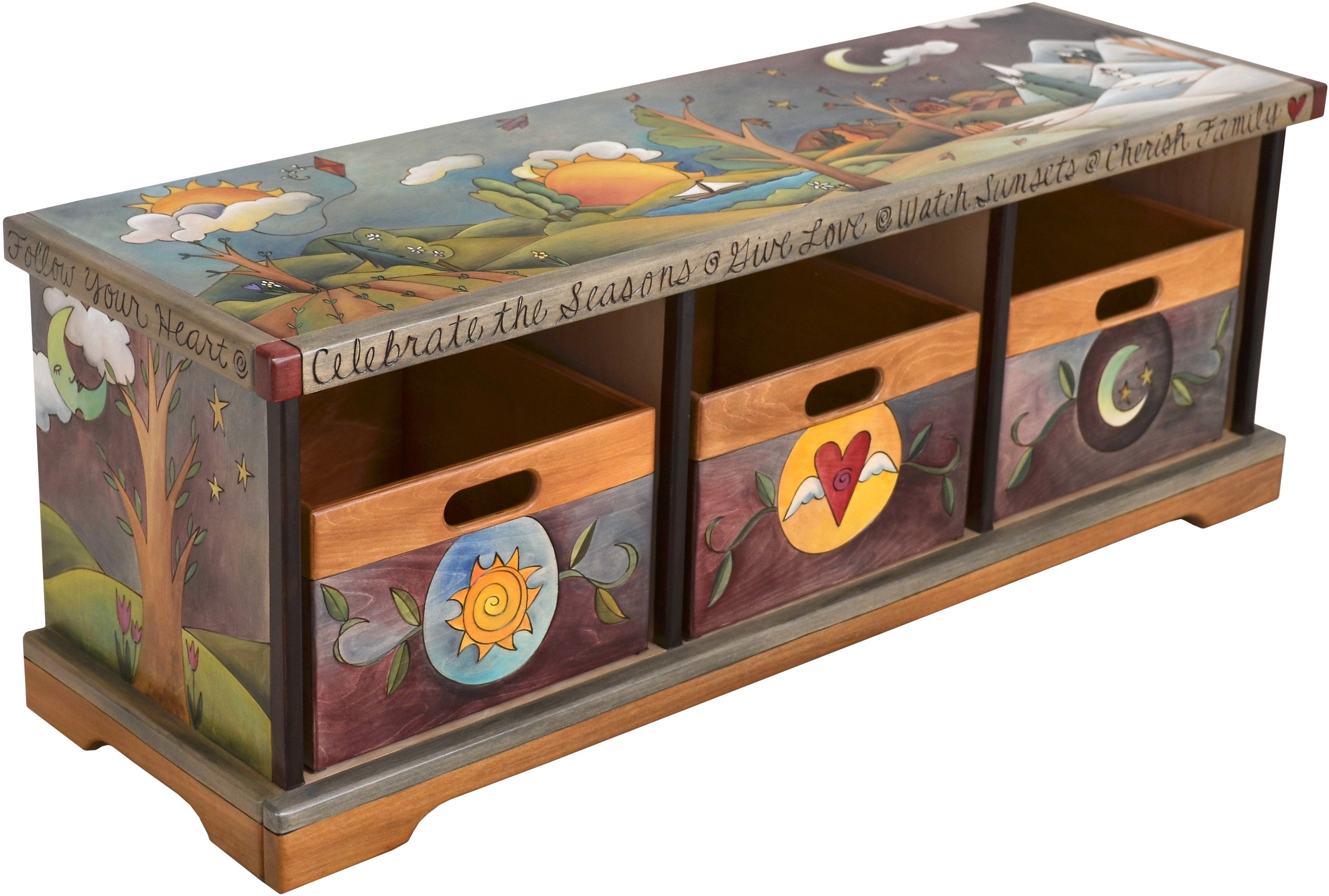Storage Bench with Boxes –  Elegant and lovely storage bench with rolling four seasons landscape and tree of life motif