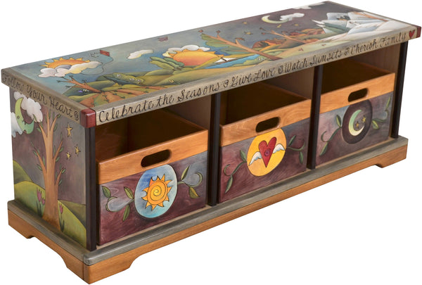 Storage Bench with Boxes –  Elegant and lovely storage bench with rolling four seasons landscape and tree of life motif