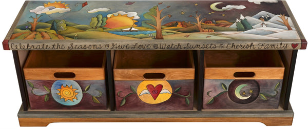 Storage Bench with Boxes –  Elegant and lovely storage bench with rolling four seasons landscape and tree of life motif