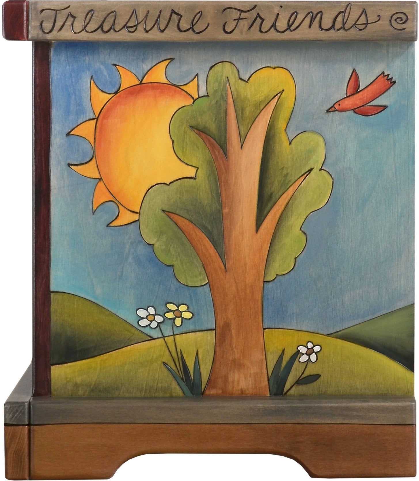 Storage Bench with Boxes –  Elegant and lovely storage bench with rolling four seasons landscape and tree of life motif