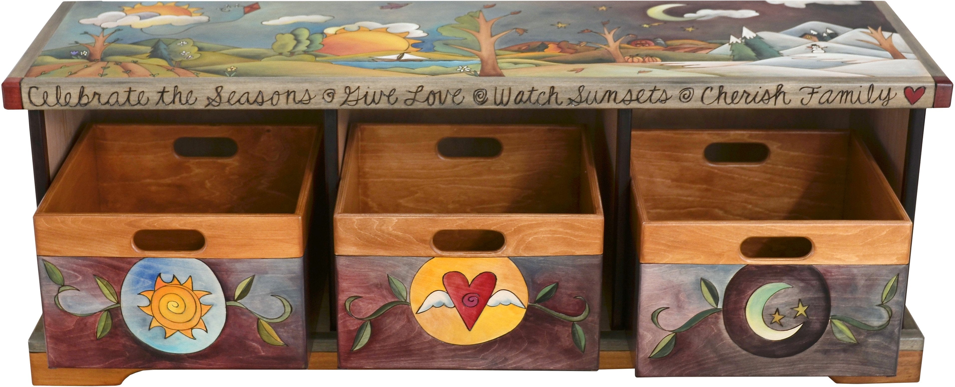 Storage Bench with Boxes –  Elegant and lovely storage bench with rolling four seasons landscape and tree of life motif