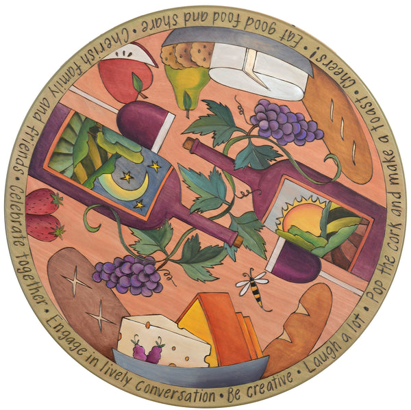 Sticks Handmade 24"D lazy susan with beautiful wine and cheese motif