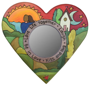 Heart Shaped Mirror –  "Love Life Together" heart-shaped mirror with couple watching the sunset motif