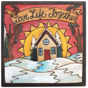 7"x7" Plaque –  "Love Life Together" plaque with sunset behind a cozy home in the snow motif