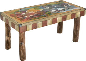 Sticks handmade 3' bench with rolling four seasons landscape. Side View