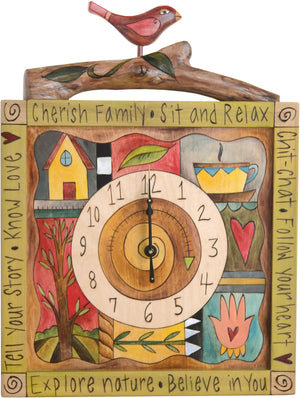 Square Wall Clock –  Eclectic folk art wall clock with colorful block icons and bird figurine