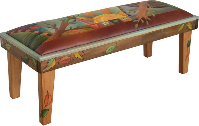 4ft Leather Seat Bench | Abstract Fall Landscape