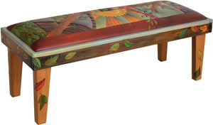Sticks handmade 4' bench with leather and tree of life motif. Side view