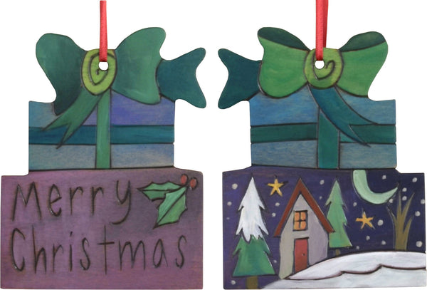 Present Ornament –  "Merry Christmas" gifts and snowy landscape ornament