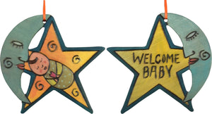 Moon and Star Ornament –  "Welcome Baby" moon and star ornament with mister moon and sleepy baby motif