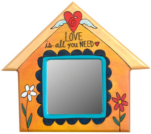 House Shaped Mirror –  "Love is all you need" house-shaped mirror with flowers and a floating heart with wings 