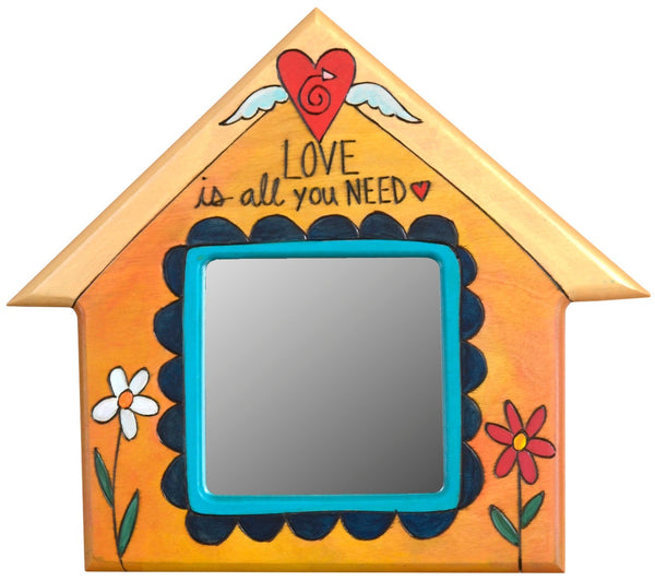House Shaped Mirror –  "Love is all you need" house-shaped mirror with flowers and a floating heart with wings