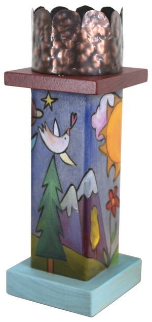 Small Pillar Candle Holder –  Lovely candle holder with sun and moon motif and fun mountain landscape