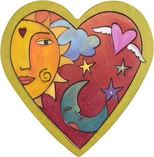 Heart Shaped Plaque –  Heart shaped plaque with sun and moon and heart with wings 