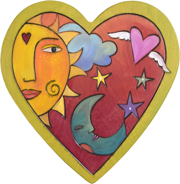 Heart Shaped Plaque –  Heart shaped plaque with sun and moon and heart with wings