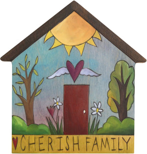 House Shaped Plaque –  "Cherish Family" house shaped plaque with sunny landscape 