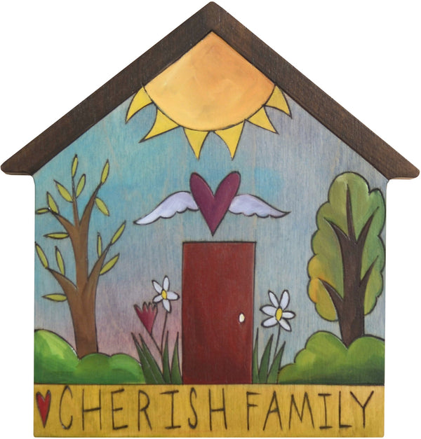 House Shaped Plaque –  "Cherish Family" house shaped plaque with sunny landscape