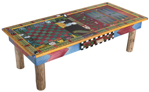 Urban Game Table –  Playful and eclectic folk art game table with many colorfully painted animals and game types