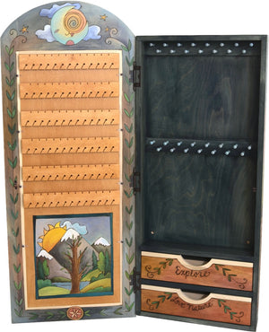 Jewelry Cabinet –  "Love Nature" jewelry cabinet with sunset behind snow-capped mountains motif