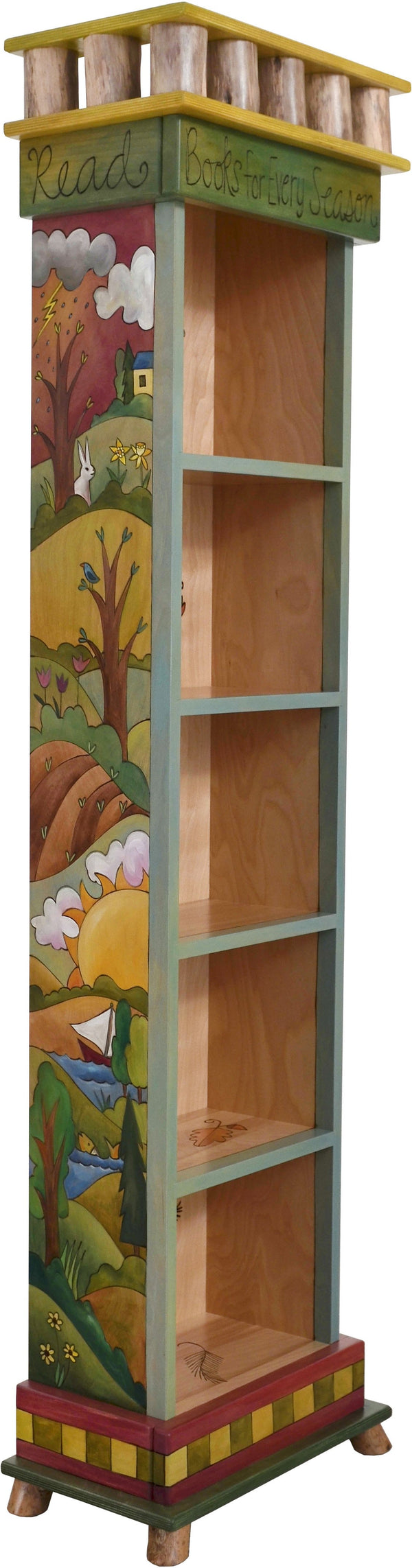 Tall Bookcase –  Lovely rolling landscapes bookcase with four seasons motifs