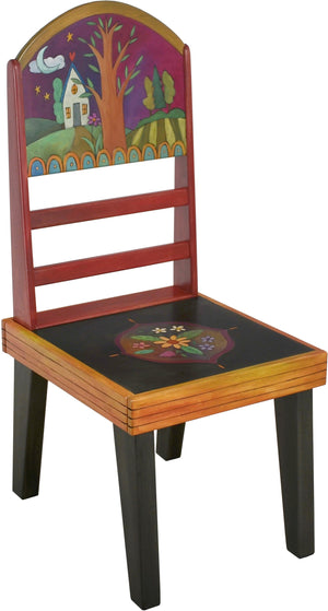 Sticks Side Chair –  Eclectic folk art chair with tree of life landscape and floral motifs, "Follow Your Heart"