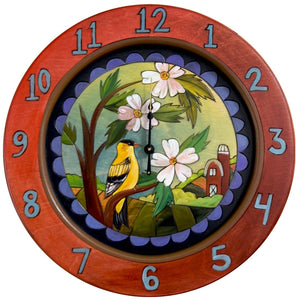 14" Round Wall Clock –  Iowa themed wall clock featuring a goldfinch, wild rose, and a traditional red barn in the background