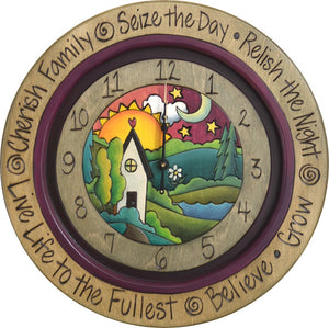 14" Round Wall Clock –  Elegantly painted landscape wall clock featuring a happy heart home