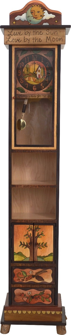 Grandfather Clock –  Charming grandfather clock with shelves and cabinets for storage,