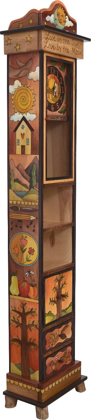 Grandfather Clock –  Charming grandfather clock with shelves and cabinets for storage, "Live by the Sun, Love by the Moon" 