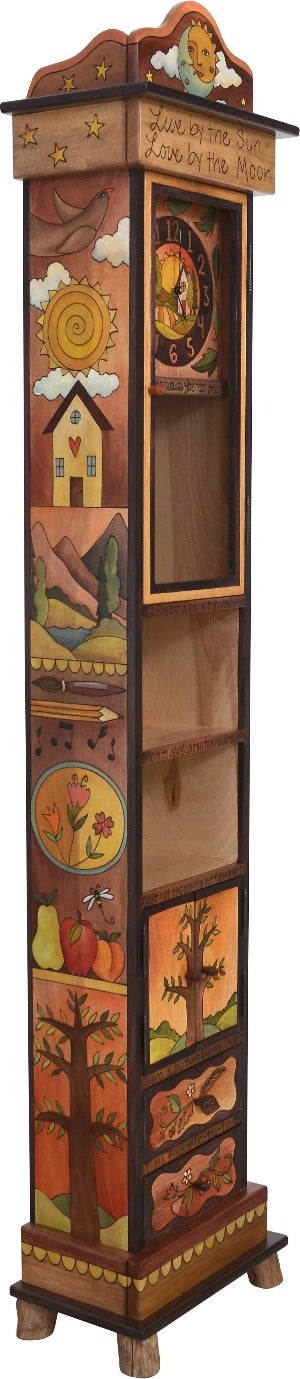 Grandfather Clock –  Charming grandfather clock with shelves and cabinets for storage, "Live by the Sun, Love by the Moon"