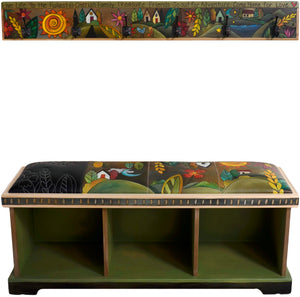 Storage Bench without Boxes, Leather Seat – Handsome storage bench with hand stitched seat, rolling landscape and floral motif view with coordinating coat rack